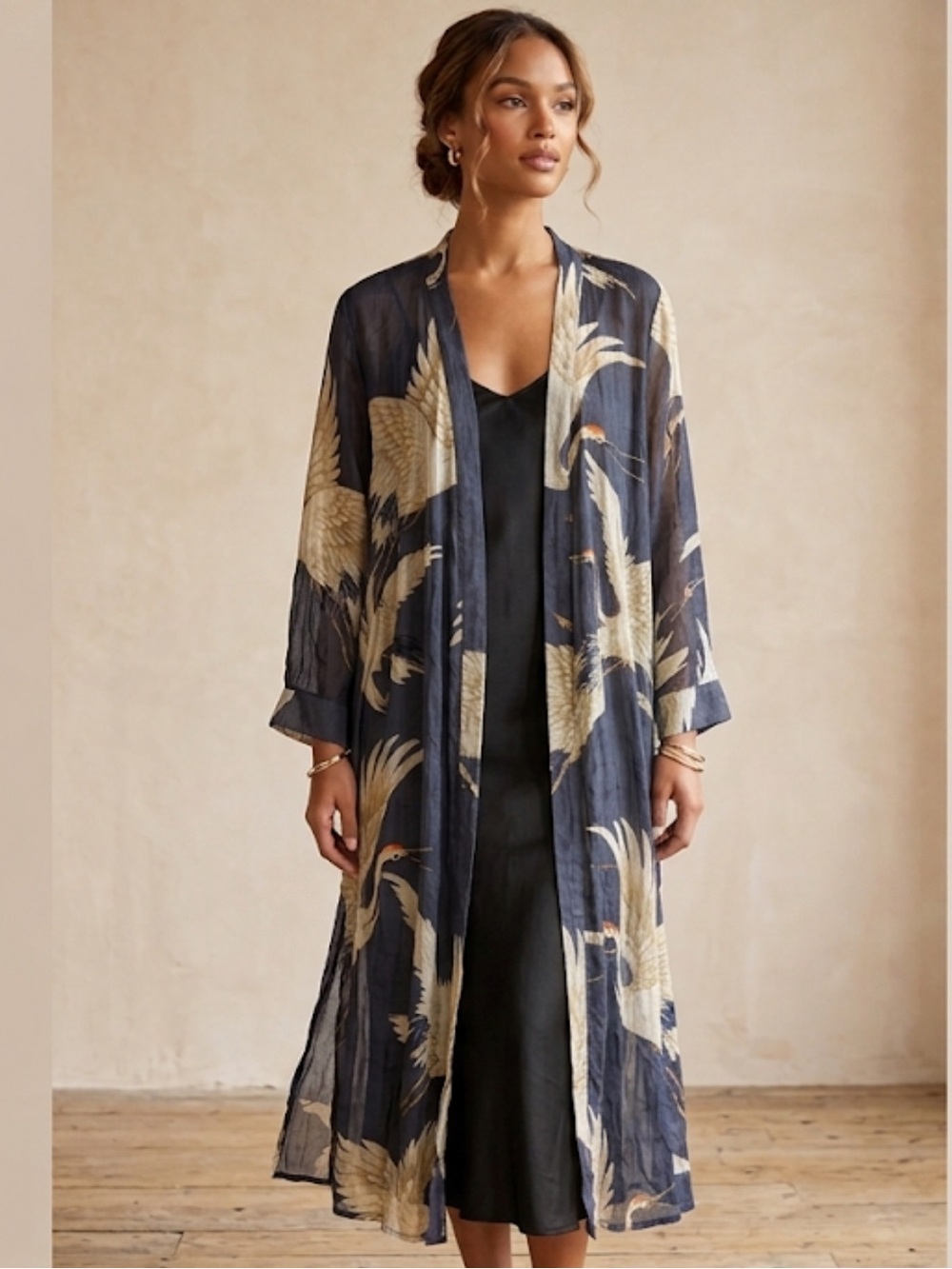 One Hundred Stars Stork Charcoal Duster Modal Open Kimono Coat